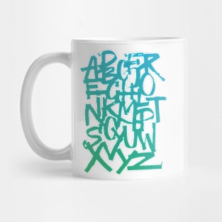 Calligraphy alphabet in a green and blue gradient Mug